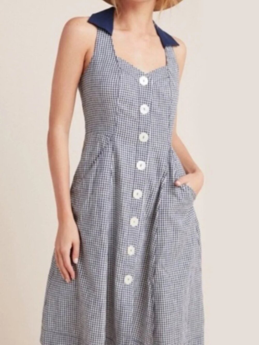 By Anthropologie Camelia Collared Button Front Gingham Dress Plaid Blue White 6